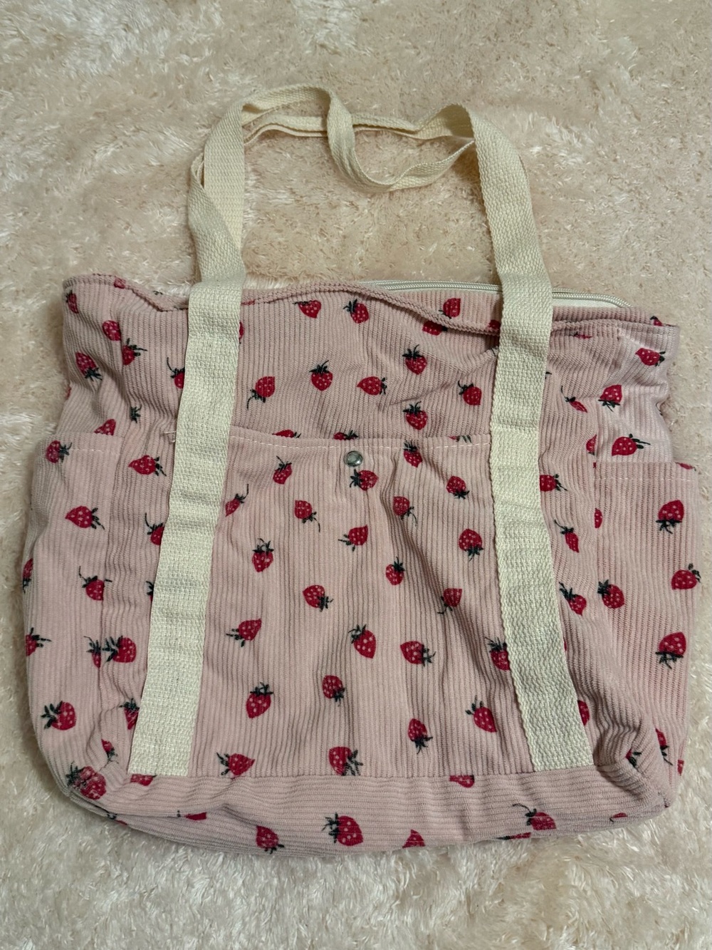 Pink Strawberry Print Canvas Tote Bag